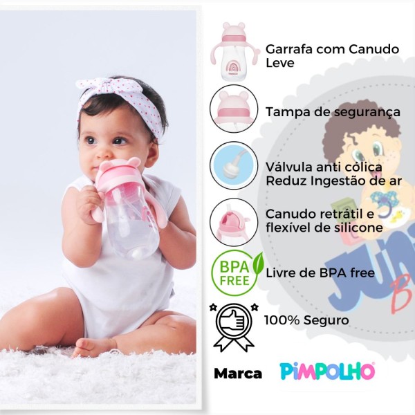 Encontraproduto.com.br - Copo Garrafa De água Arco-íris Com Canudo Flexível 300ml Bebê Criança Menina Feminino Pimpolho Rosa