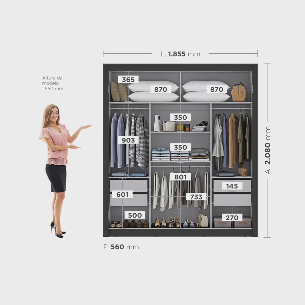 Guarda Roupa Casal Espelhado 3 Portas com Espelho 4 Gavetas 188,5cm Viena Preto