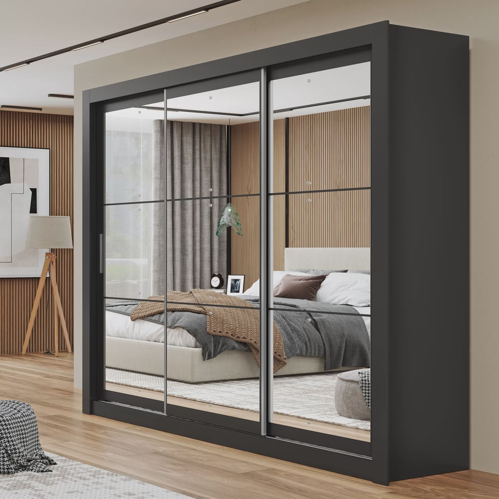Encontraproduto.com.br - Guarda Roupa Casal Espelhado 3 Portas com Espelho 4 Gavetas 188,5cm Viena Preto