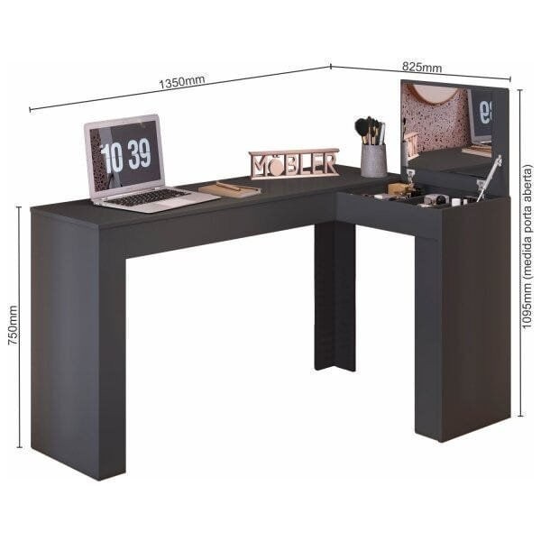 Encontraproduto.com.br - Escrivaninha Penteadeira em L Porta Objetos 135cm Jade Belaflex Preto
