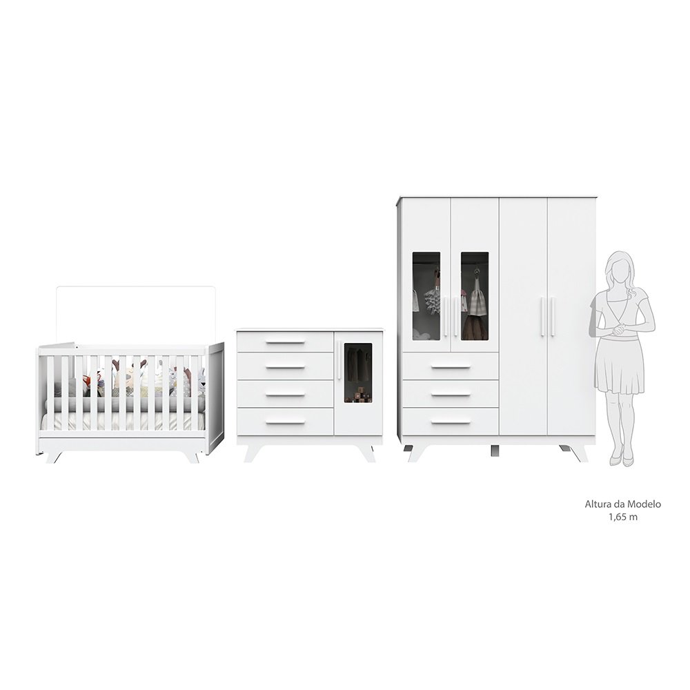 Encontraproduto.com.br - Quarto de Bebê Completo com Guarda Roupa com Janela Berço e Cômoda 100% MDF Retrô Kakau Espresso Móveis Branco/Brilho