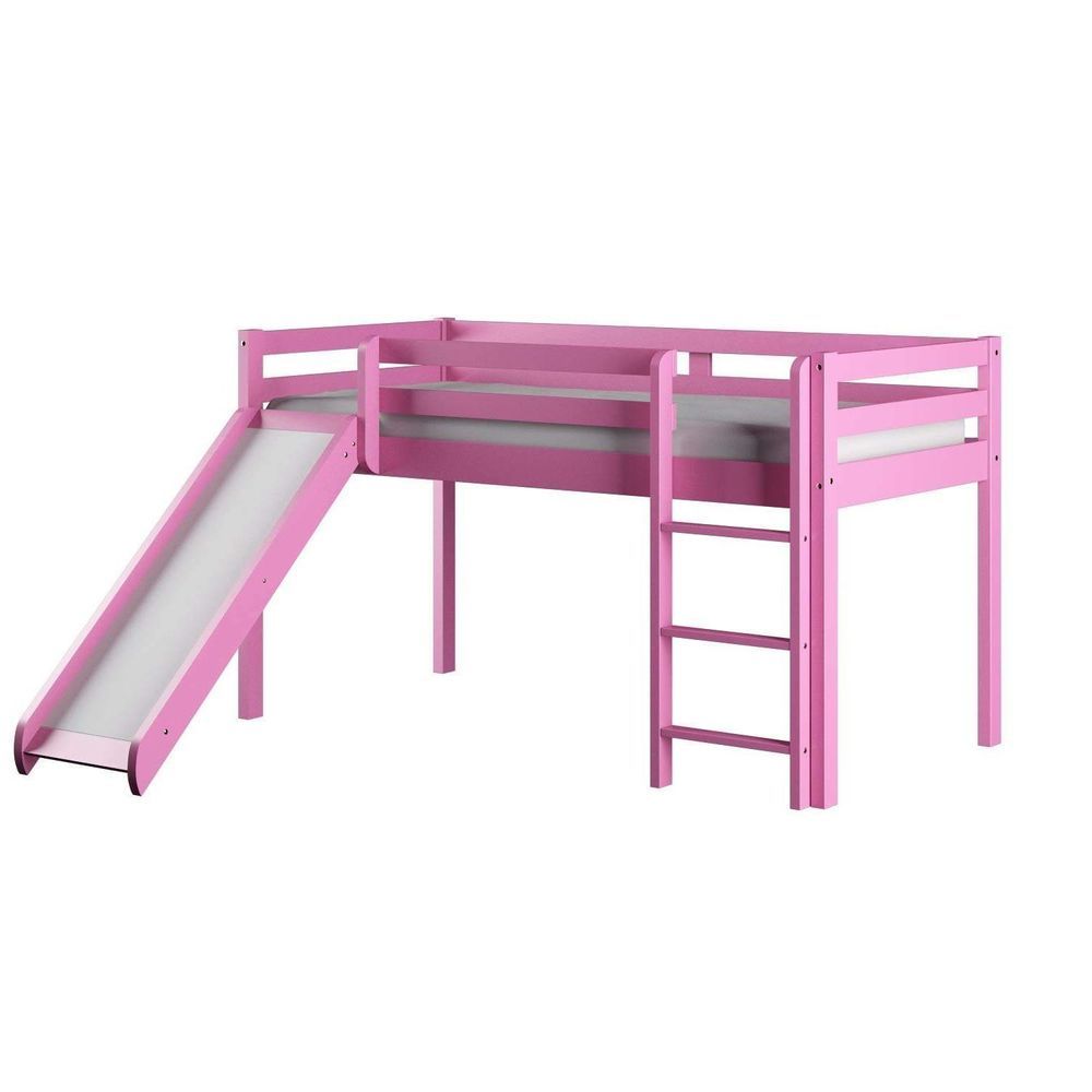 Cama Alta Kids Com Escorregador Em Madeira Maciça-mdf Rosa