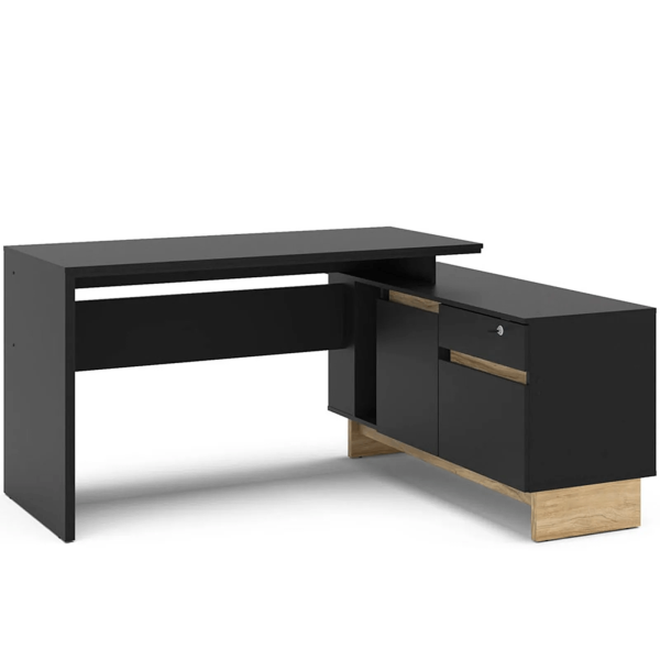 Encontraproduto.com.br - Mesa para Escritório em L 135,5cm Gaveta com Chave Los Angeles Preto/Carvalho Claro