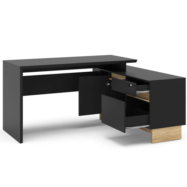 Encontraproduto.com.br - Mesa para Escritório em L 135,5cm Gaveta com Chave Los Angeles Preto/Carvalho Claro