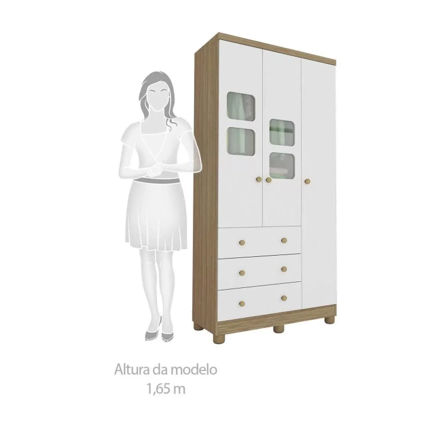 Encontraproduto.com.br - Quarto de Bebê Completo com Cômoda Guarda Roupa com Janela e Berço 100% MDF Uli Branco Brilho/Carvalho
