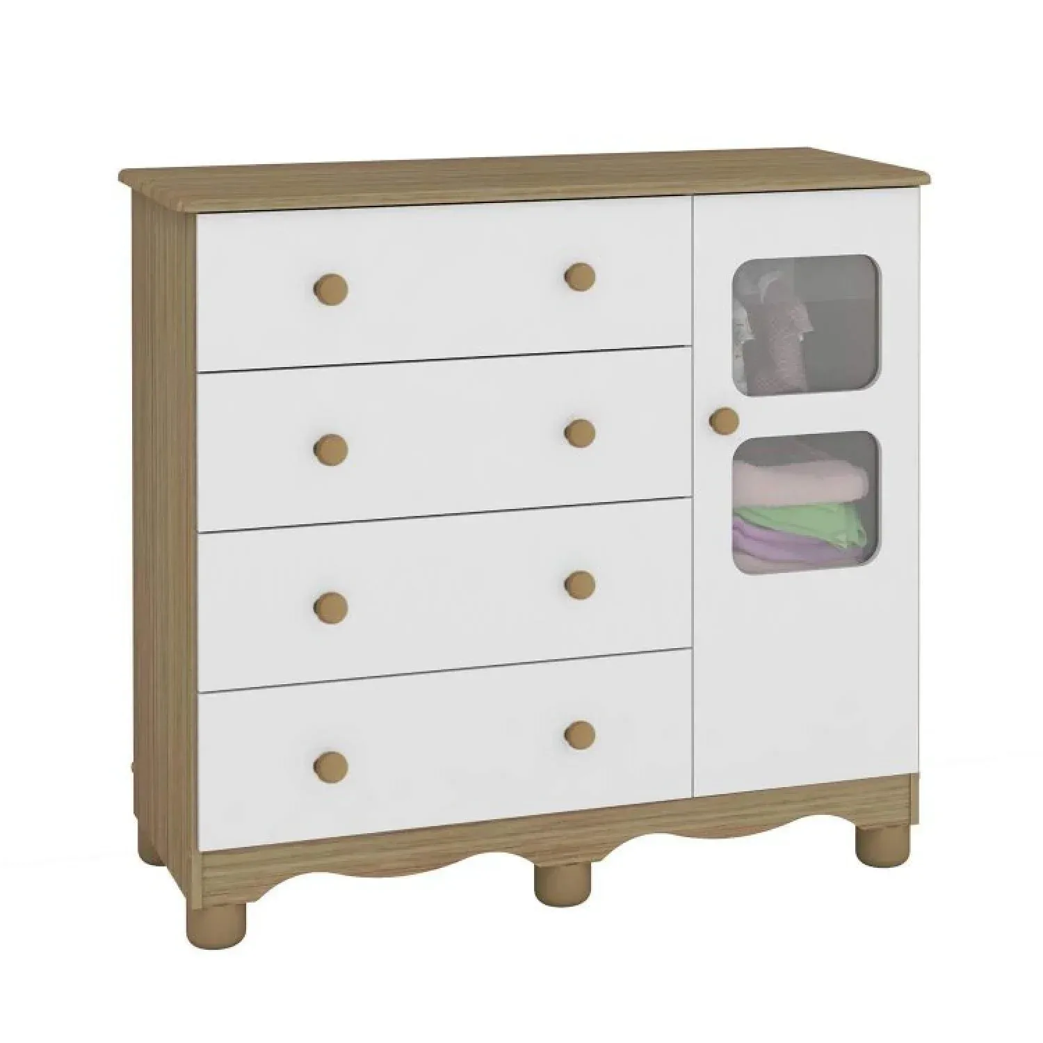 Encontraproduto.com.br - Quarto de Bebê Completo com Cômoda Guarda Roupa com Janela e Berço 100% MDF Uli Branco Brilho/Carvalho