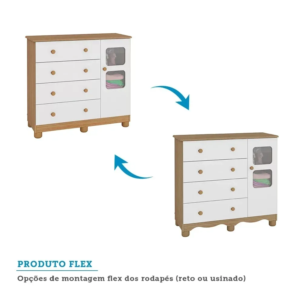 Encontraproduto.com.br - Quarto de Bebê Completo com Cômoda Guarda Roupa com Janela e Berço 100% MDF Uli Branco Brilho/Carvalho