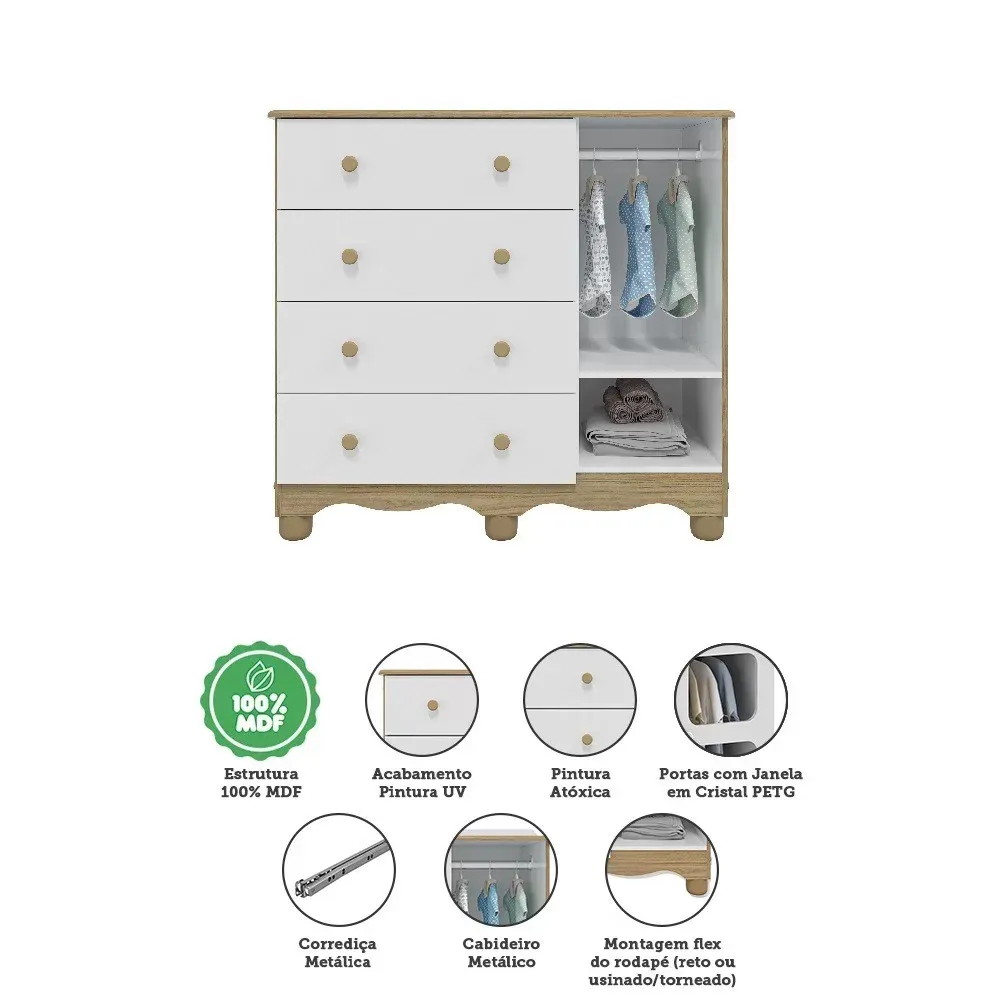 Encontraproduto.com.br - Quarto de Bebê Completo com Cômoda Guarda Roupa com Janela e Berço 100% MDF Uli Branco Brilho/Carvalho