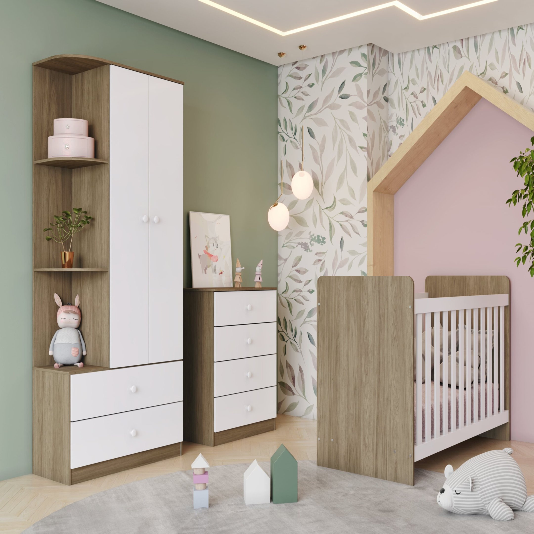Quarto de Bebê Berço Mini Cama Guarda Roupa e Cômoda Sonho Encantado Espresso Móveis Rústico/Branco