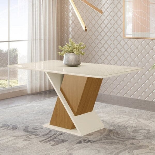 Encontraproduto.com.br - Mesa de Jantar com Tampo de Vidro 160cm Solus Móveis Nature/Off White