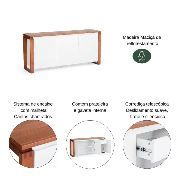 Encontraproduto.com.br - Buffet Aparador 3 Portas 1 Gaveta 160cm Craft Garapa/Branco