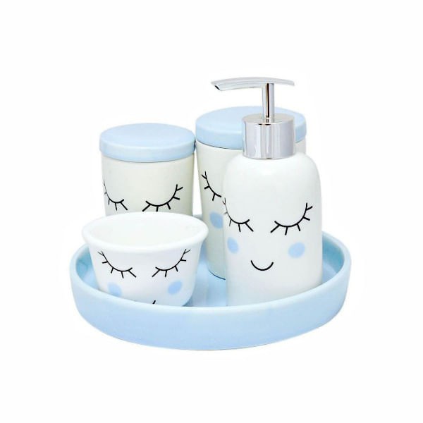 Encontraproduto.com.br - Kit Higiene Porcelana 5 Peças Azul Amigold
