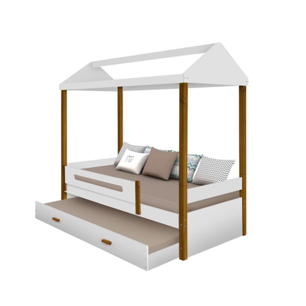 Encontraproduto.com.br - Cama Montessoriana Infantil Sara Solteiro C/ Cama Auxiliar - Branco/Amêndoa - Cor: Branco