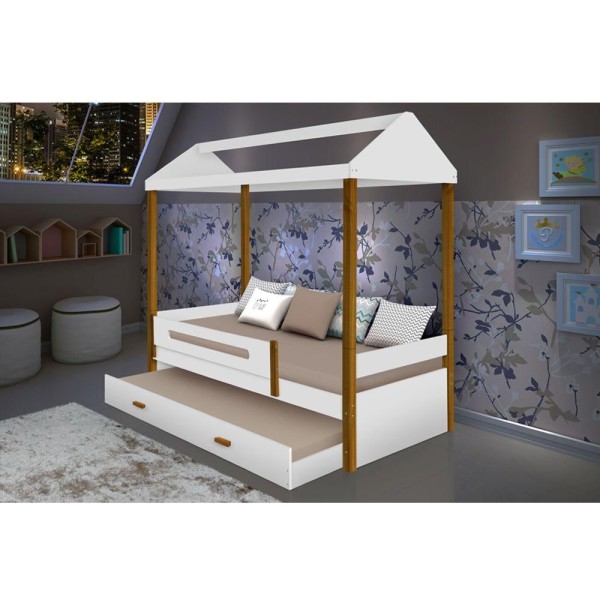 Encontraproduto.com.br - Cama Montessoriana Infantil Sara Solteiro C/ Cama Auxiliar - Branco/Amêndoa - Cor: Branco