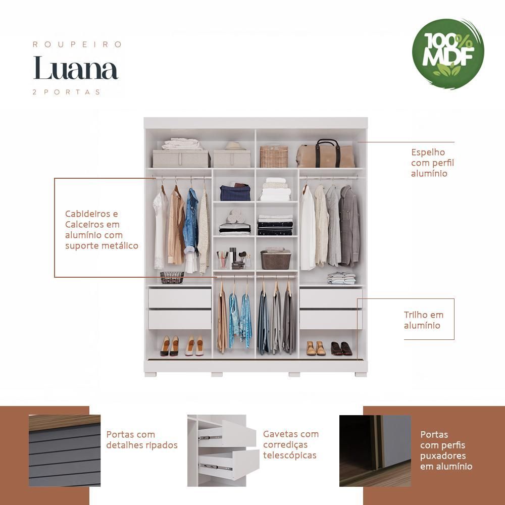 Guarda Roupa 2 Portas De Correr Com Espelho 100% Mdf Luana Panan Branco Branco