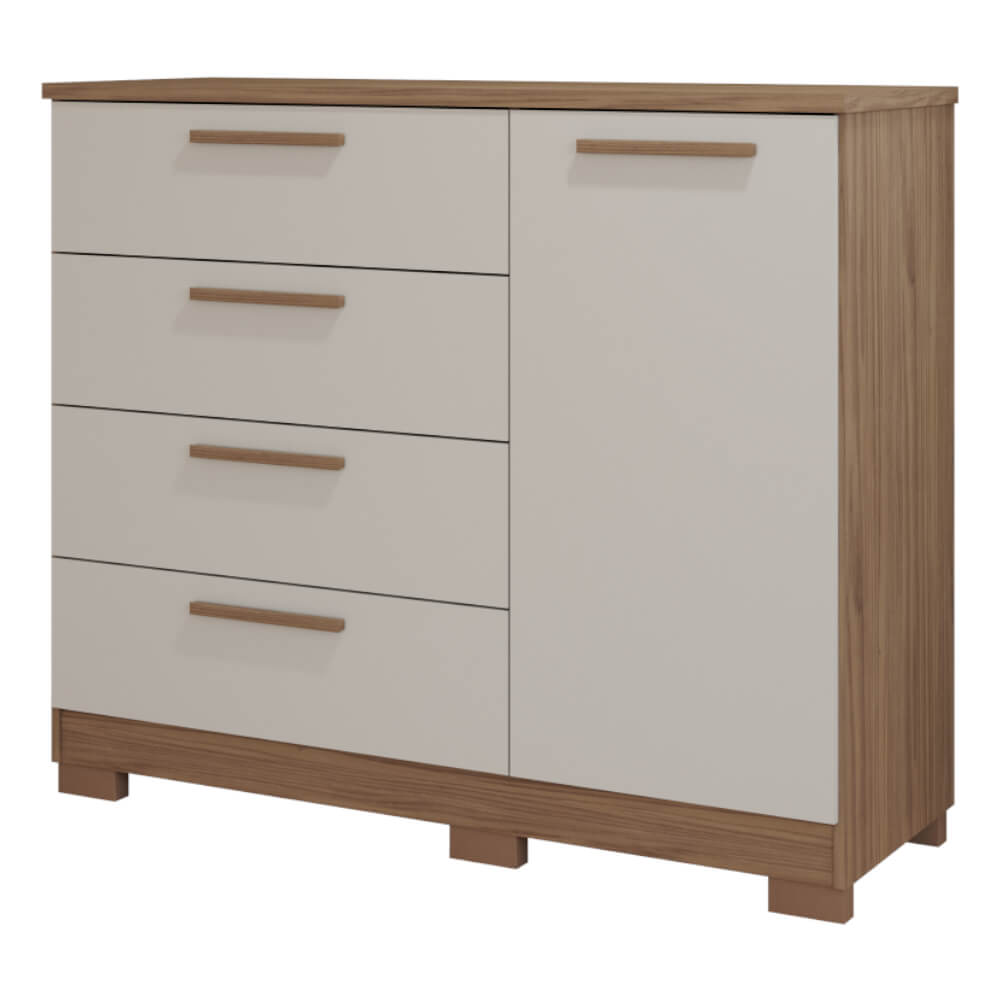 Encontraproduto.com.br - Cômoda Panan Malu com 4 Gavetas e 1 Porta - Avelã/Pérola