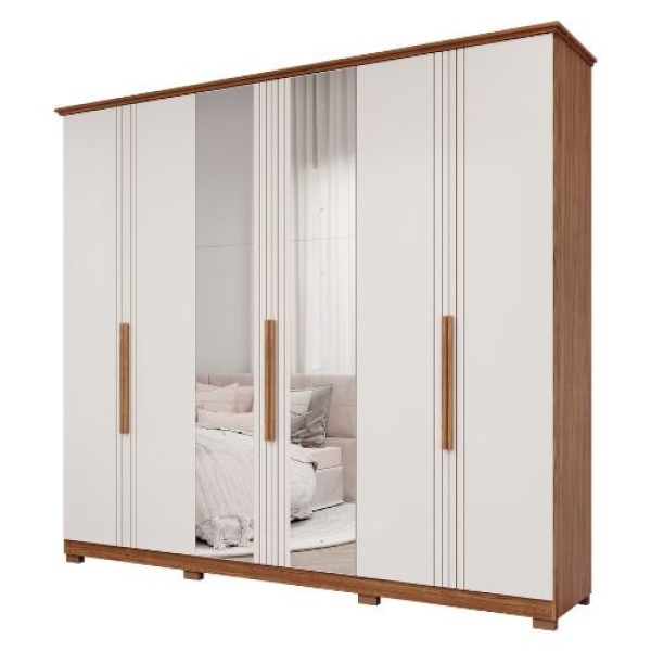 Encontraproduto.com.br - Guarda-Roupa Casal 6 Portas 4 Gavetas Com Espelho Cinamomo / Off White Itaunas Panan Móveis