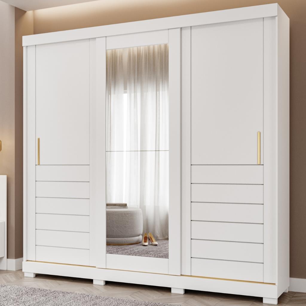 Encontraproduto.com.br - Guarda Roupa Casal com Espelho e Pés 3 Portas de Correr 6 Gavetas Cecilia Slide Panan