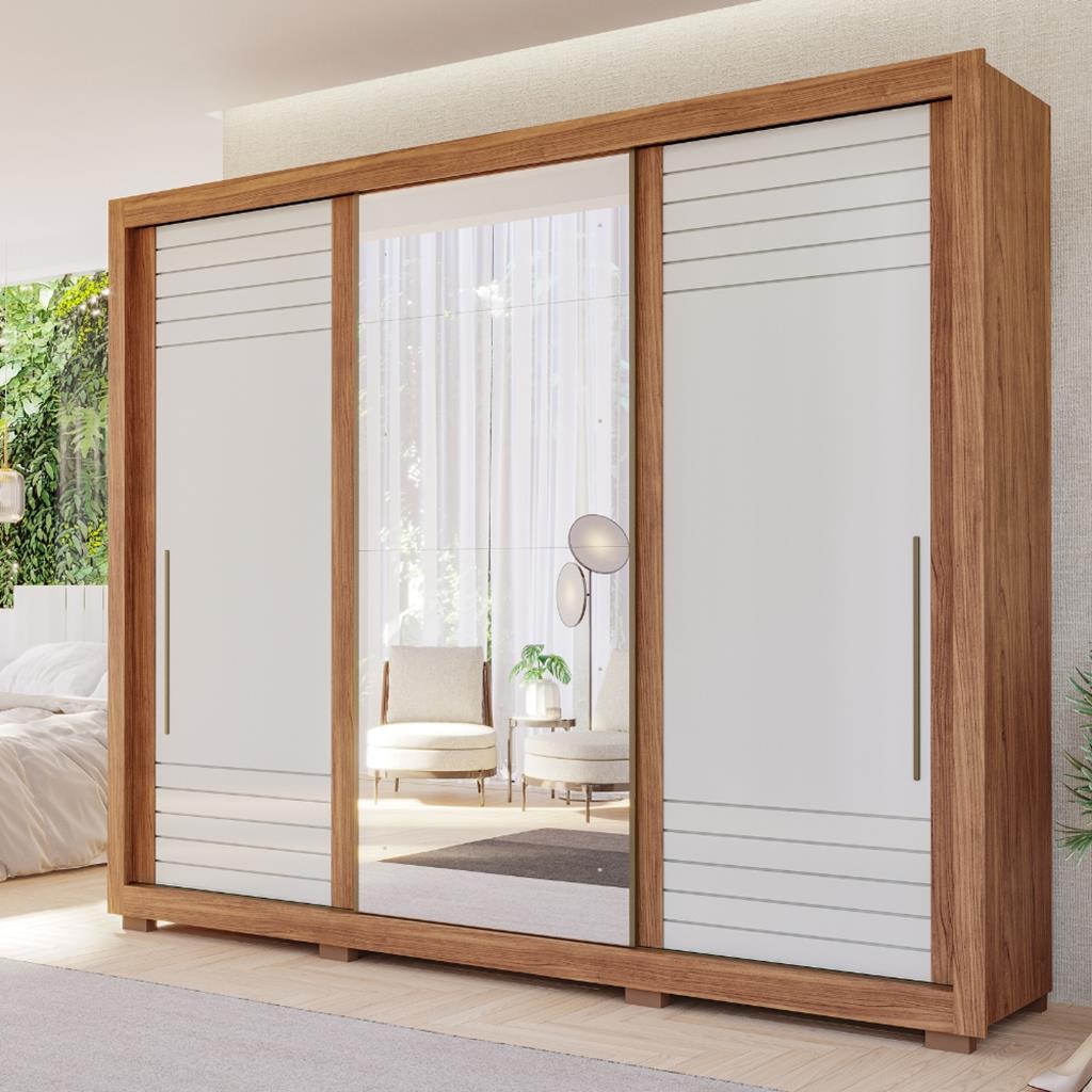 Encontraproduto.com.br - Guarda-Roupa Casal 3 Portas 6 Gavetas Com Espelho Cinamomo Off White Vitoria Panan Móveis