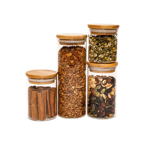 Encontraproduto.com.br - Potes de Vidro P/ Mantimentos C/ Tampa Bambu Oikos - 4 Pçs