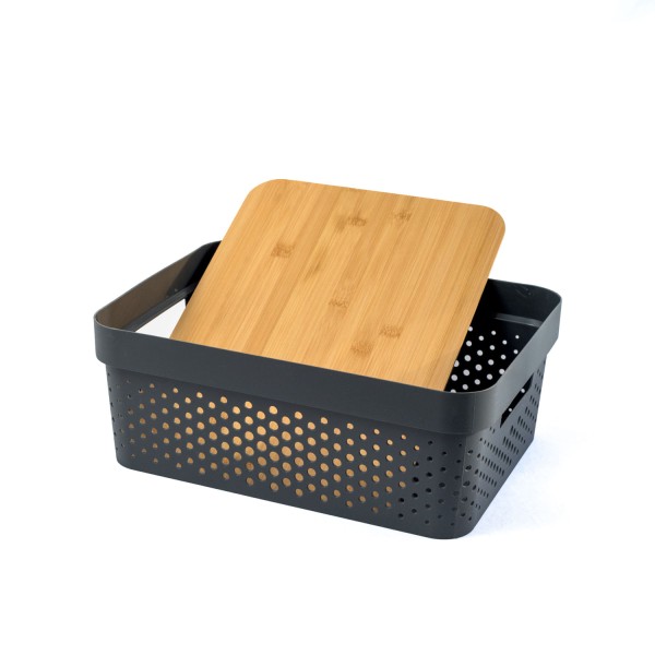 Encontraproduto.com.br - Caixa Organizadora Poa Com Tampa De Bambu 10L Cinza Oikos