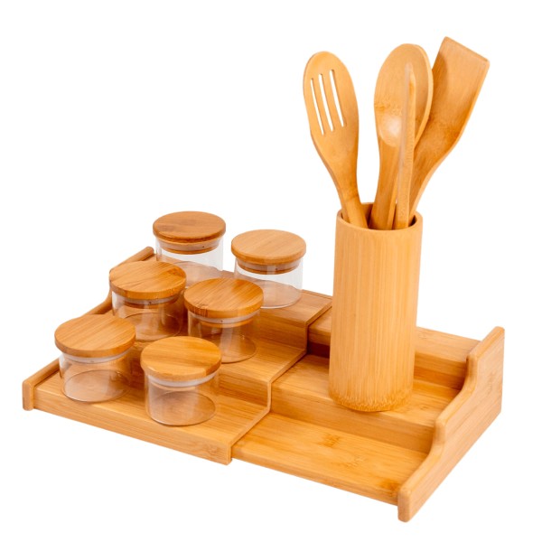 Encontraproduto.com.br - Kit 6 Potes Hermético 110ml com Tampa de Bambu, Rack Organizador de Bambu E 4 Utensílios de Bambu -