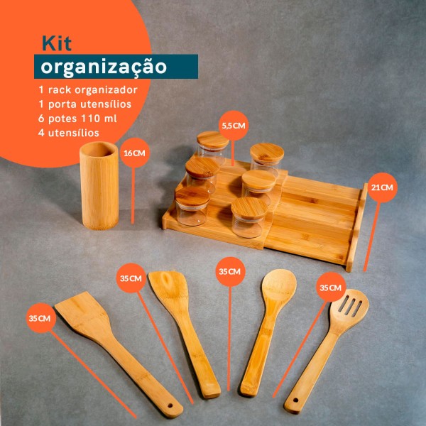 Encontraproduto.com.br - Kit 6 Potes Hermético 110ml com Tampa de Bambu, Rack Organizador de Bambu E 4 Utensílios de Bambu -