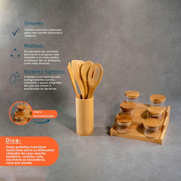 Encontraproduto.com.br - Kit 6 Potes Hermético 110ml com Tampa de Bambu, Rack Organizador de Bambu E 4 Utensílios de Bambu -