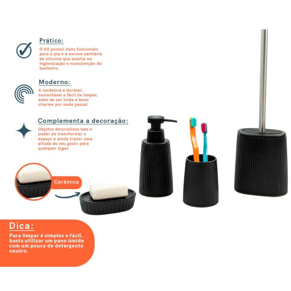 Encontraproduto.com.br - Kit Banheiro Saboneteira E Escova Sanitária 4 Pçs - Oikos