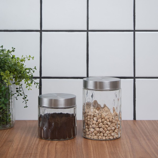 Encontraproduto.com.br - Kit 2 Potes de Vidro com Tampa Inox Bolhas Redondo 800ml E 1300ml - Mozcada