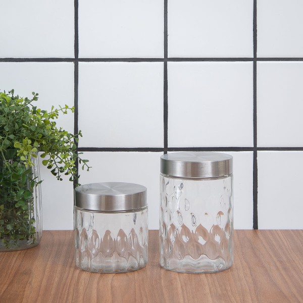 Encontraproduto.com.br - Kit 2 Potes de Vidro com Tampa Inox Bolhas Redondo 800ml E 1300ml - Mozcada