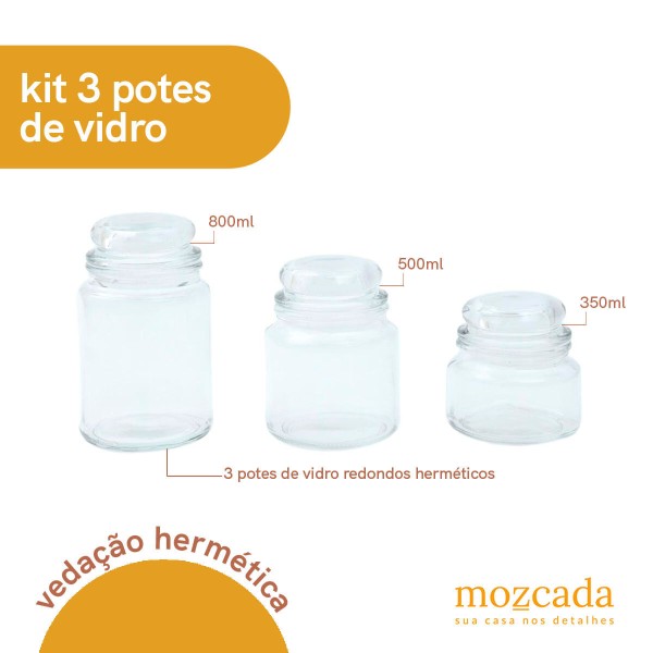Encontraproduto.com.br - Kit 3 potes de vidro com tampa herméticos redondos 350ml, 500ml e 800ml - Mozcada