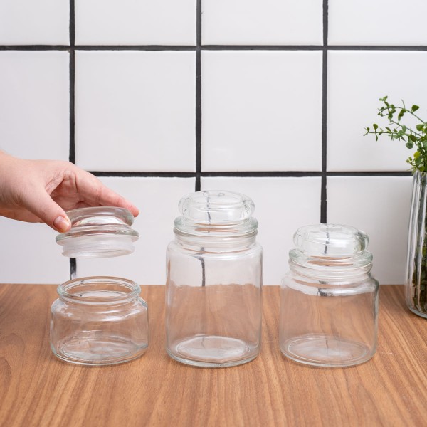 Encontraproduto.com.br - Kit 3 potes de vidro com tampa herméticos redondos 350ml, 500ml e 800ml - Mozcada