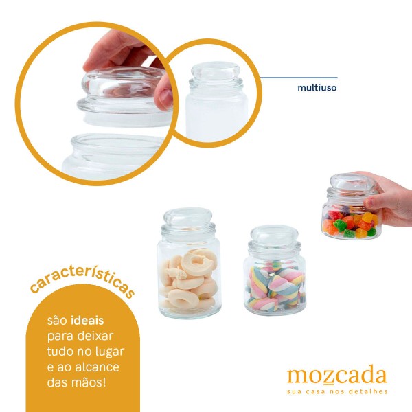 Encontraproduto.com.br - Kit 3 potes de vidro com tampa herméticos redondos 350ml, 500ml e 800ml - Mozcada