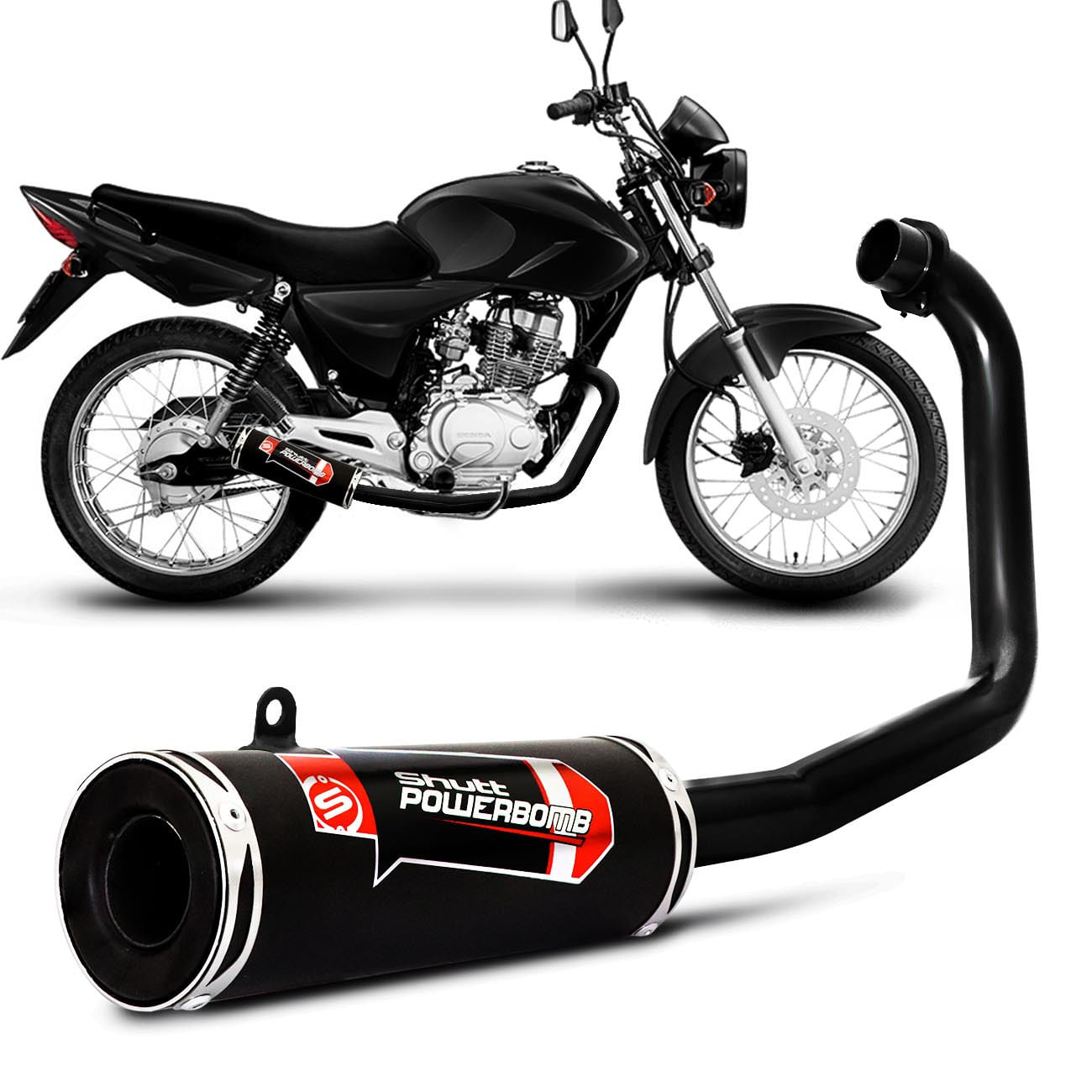 Escapamento Moto Esportivo CG Titan 125 ES 00 a 04 Shutt Powerbomb Com Bacalhau Sem Protetor Preto
