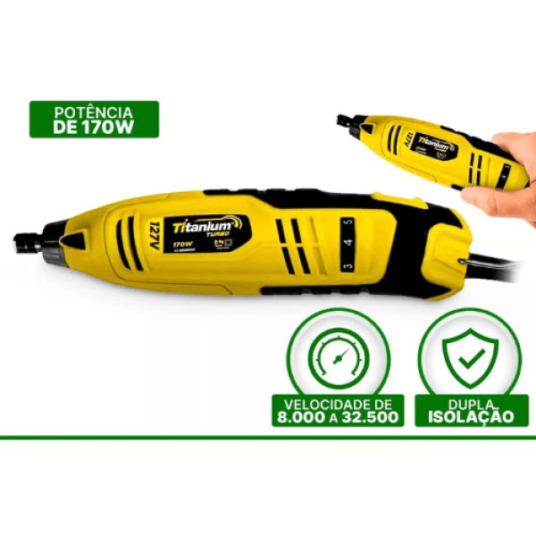 Encontraproduto.com.br - Micro Retífica Titanium TI130 127V COM 40 Acessórios Turbo 130W, Velocidade 8.000 À 37.000 RPM, Dupla Isolação