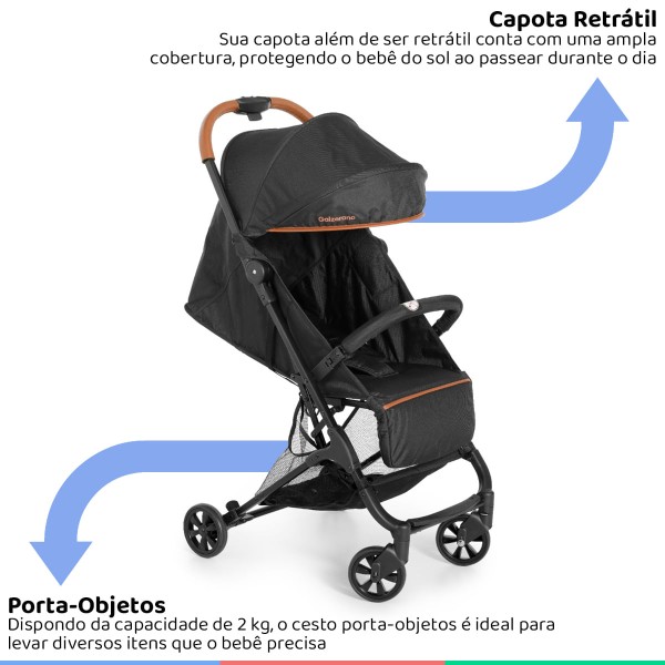 Encontraproduto.com.br - Carrinho Bebê Passeio Berço Reclinável de 0 Até 15 Kg Fechamento Compacto Bali Preto Galzerano
