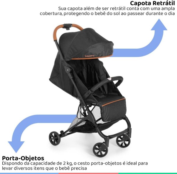 Encontraproduto.com.br - Carrinho Bebê Passeio Berço Reclinável de 0 Até 15 Kg Fechamento Compacto Bali Preto Galzerano