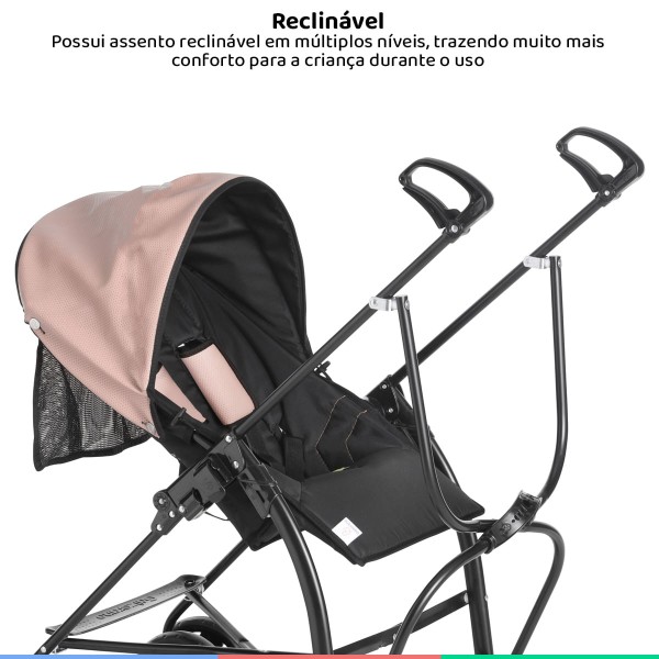 Encontraproduto.com.br - Carrinho De Bebe Passeio 6m a 15kg Guarda-Chuva Reversível Reclinável Campora Preto Rosa Galzerano