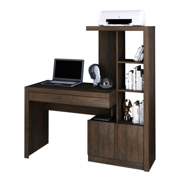 Encontraproduto.com.br - Mesa Escrivaninha Estante 2 Portas Prateleiras 1 Gaveta Para Quarto Sala Escritório Marrom Madeira