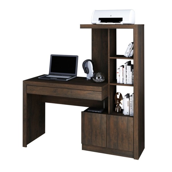Encontraproduto.com.br - Mesa Escrivaninha Estante 2 Portas Prateleiras 1 Gaveta Para Quarto Sala Escritório Marrom Madeira