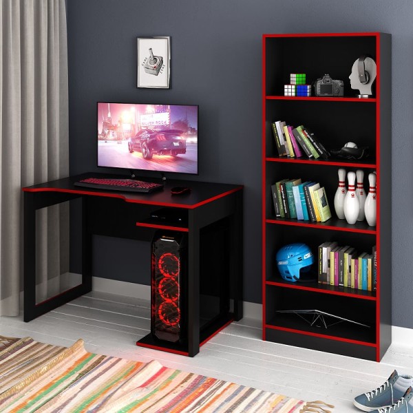 Estante Livreiro De Escritório Me4141 C- 4 Prateleiras Preto vermelho - Tecno Mobili