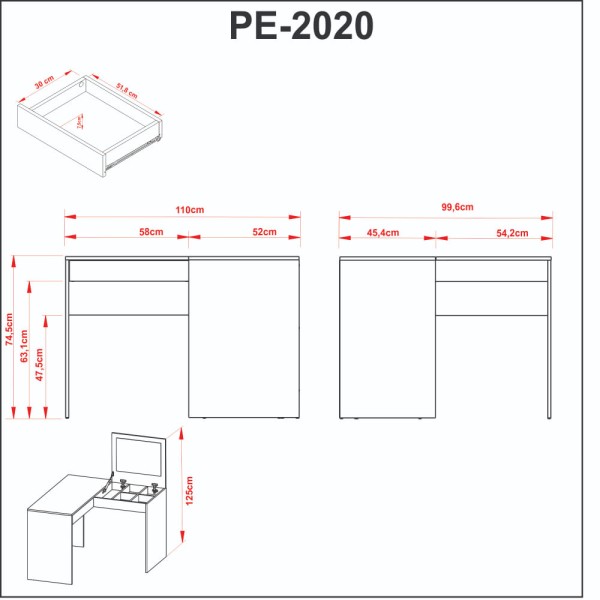 Encontraproduto.com.br - FULL | Tecnomobili | PE2020 0002 | Escrivaninha Penteadeira com Espelho Preto