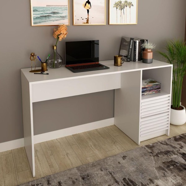 Encontraproduto.com.br - Escrivaninha Para Escritório Com 2 Gavetas Ripadas 135,8 Cm Cor:branco Branco