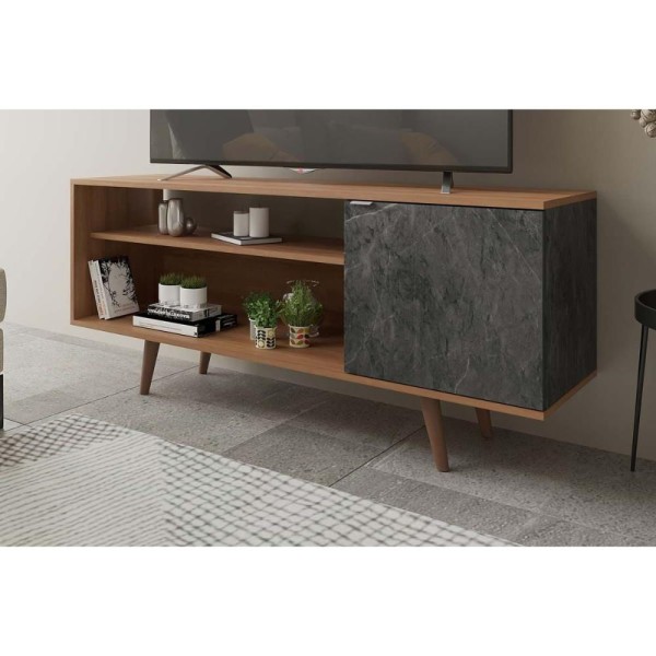 Rack para TV R1482 até 55 Polegadas c/ 2 Portas Amendoa/Marmore Lunar - Tecno Mobili