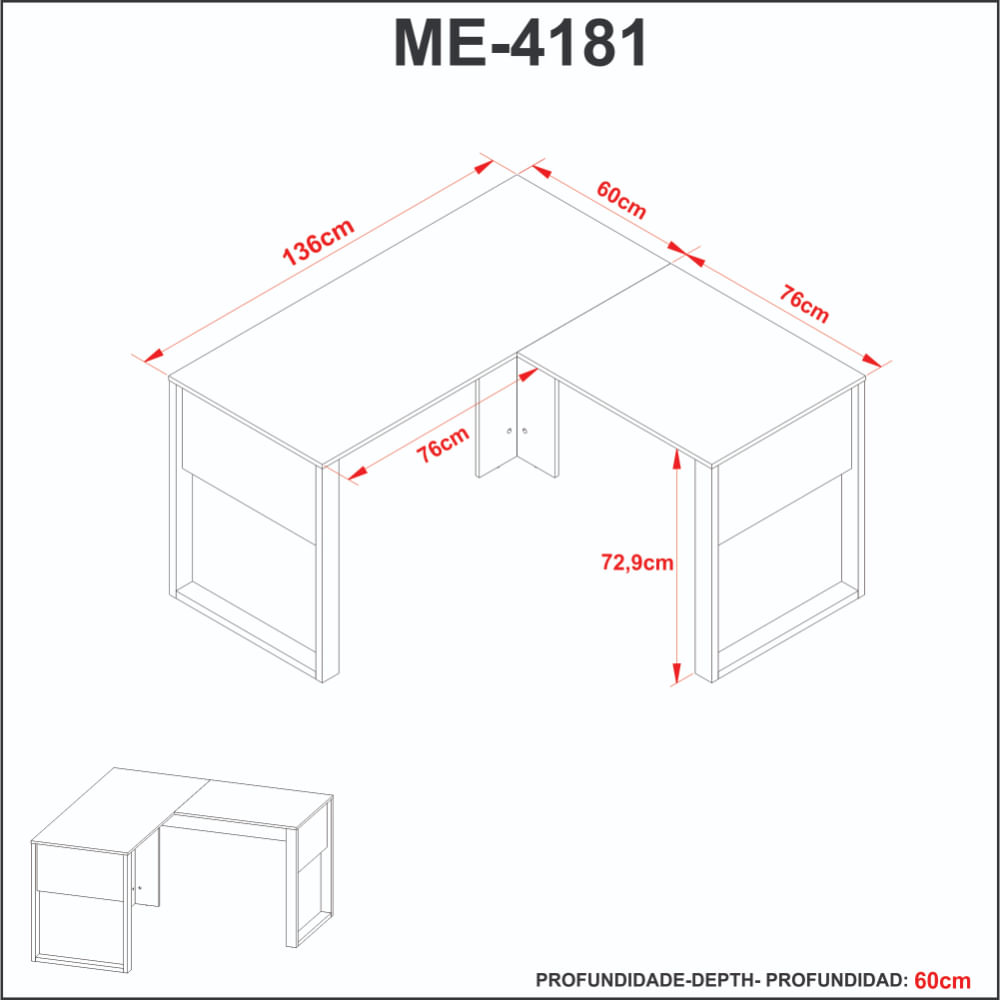 Encontraproduto.com.br - Mesa em L para Escritório 136x136cm Tecnomobili Amêndoa/Preto - ME4181