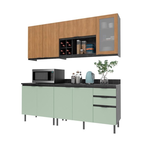 Encontraproduto.com.br - Cozinha Compacta Azaleia 8 PT 3 GV Verde e Freijó