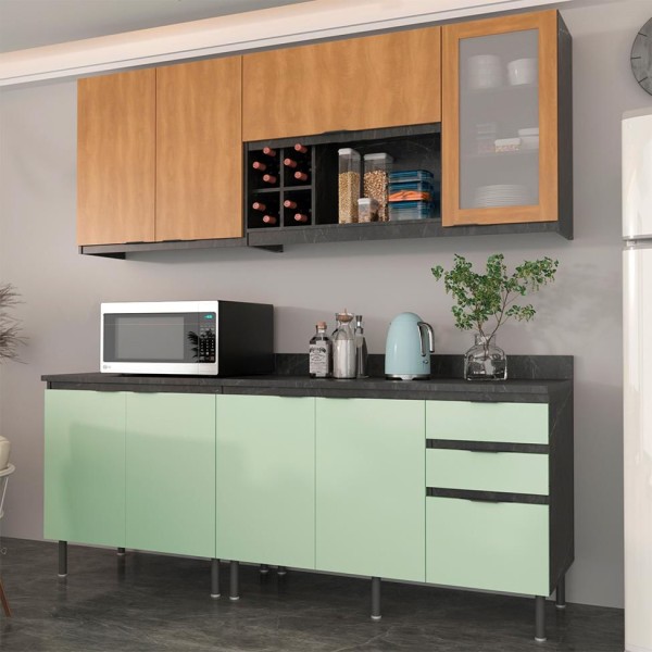 Cozinha Compacta Azaleia 8 PT 3 GV Verde e Freijó