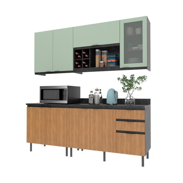 Encontraproduto.com.br - Cozinha Compacta Azaleia 8 PT 3 GV Freijó e Verde