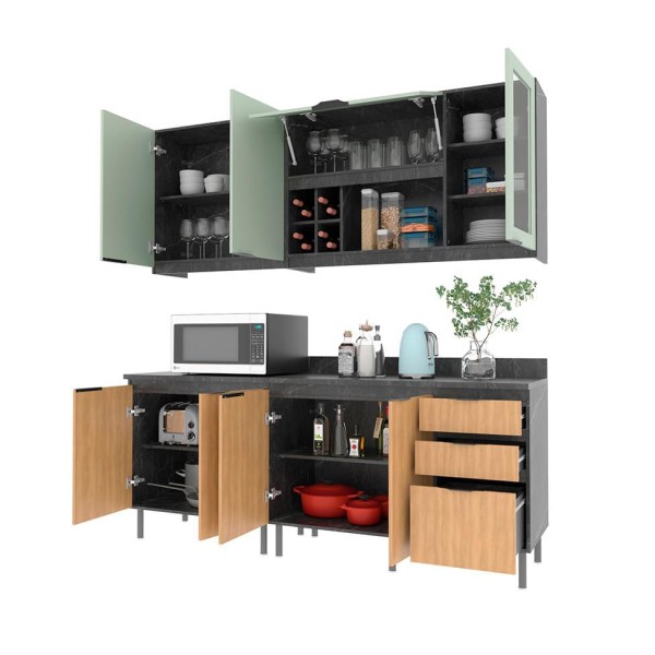 Encontraproduto.com.br - Cozinha Compacta Azaleia 8 PT 3 GV Freijó e Verde
